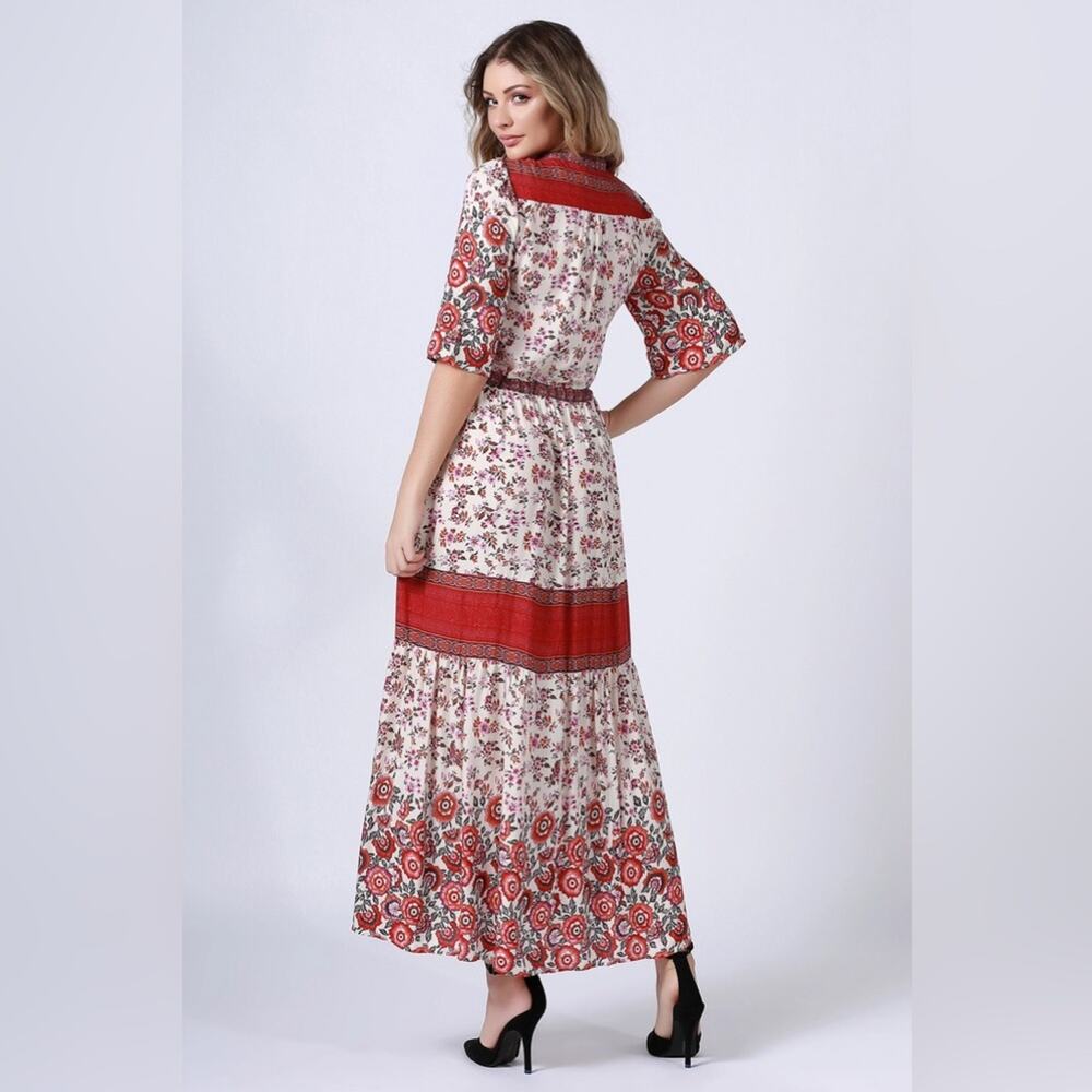 Aly Daly | NEW Boho Cottage Prairie Red Cream Floral Maxi Dress Cotton S